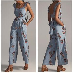 Bel Kazan Blue Floral Organic Cotton Wide Leg Jumpsuit – Size Small